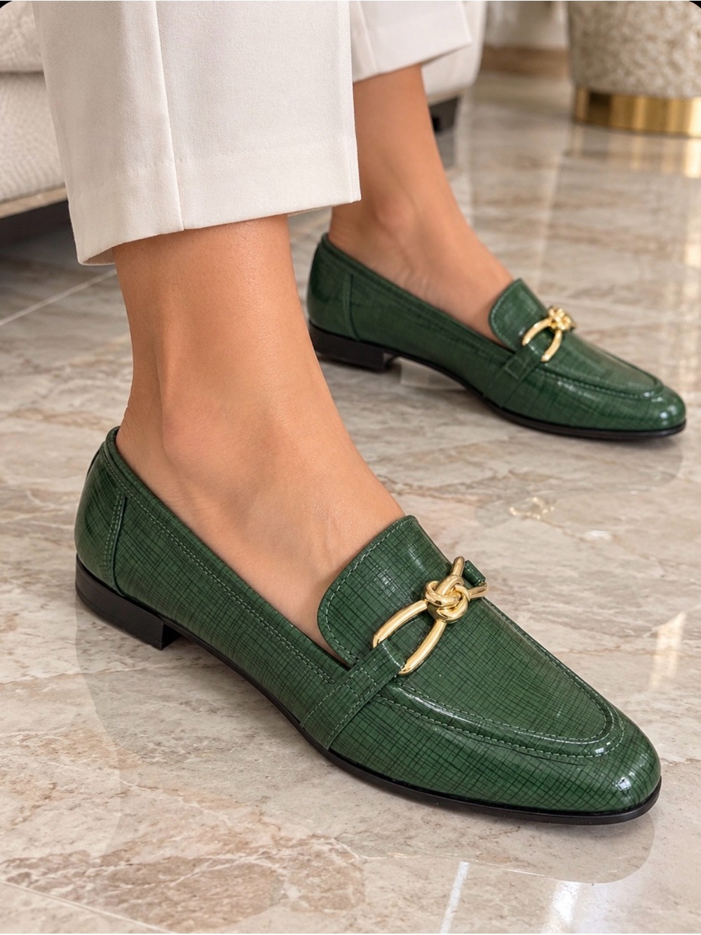 ANTONIO MELANI Green Leather Chain-Trim Loafers